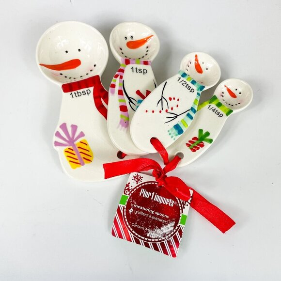 Hand-Painted Ceramic Snowman Measuring Spoons Set Of 4 By Pier 1 - Picture 1 of 2